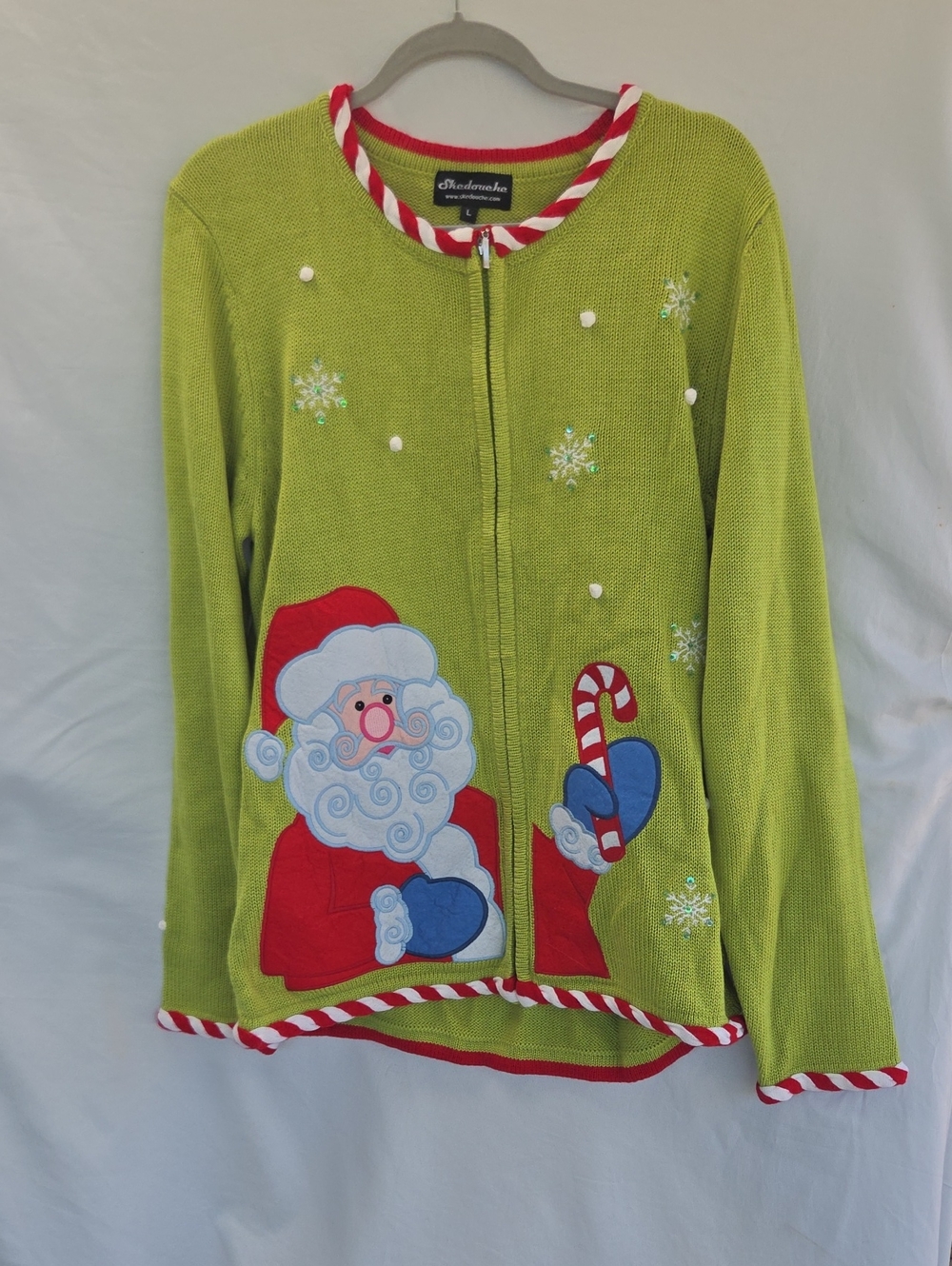 Holiday Santa Appliqué Cardigan Sweater - Lime Green, Red, Blue Sz L